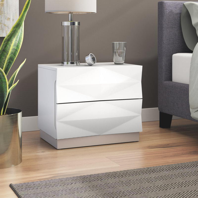 Brayden Studio® Baldree 2 Drawer Nightstand in White/Metallic Silver